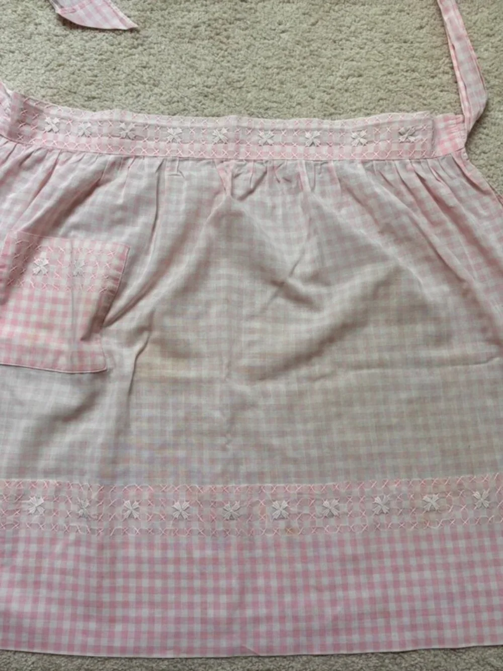 Vintage Pink Gingham Half Apron One Pocket White Cross Stitch Trim Handmade